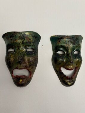 Vintage Solid Brass Theater Comedy Masks India signed MSA Abstract Painted Pair